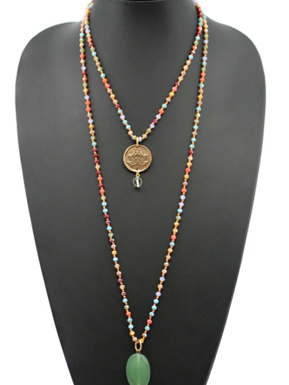 Katia Designs Multicolor Beaded Lotus Pendant Necklace with Green Stone